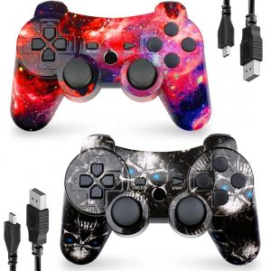 CHENGDAO Controlador para PS3, paquete de 2 controladores inalámbricos para Playstaion 3 de 6 ejes con doble virbración de alto rendimiento, control de movimiento, cable de carga USB (calavera +