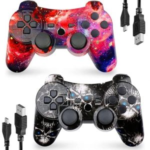 CHENGDAO Controlador para PS3, paquete de 2 controladores inalámbricos para Playstaion 3 de 6 ejes con doble virbración de alto rendimiento, control de movimiento, cable de carga USB (calavera +