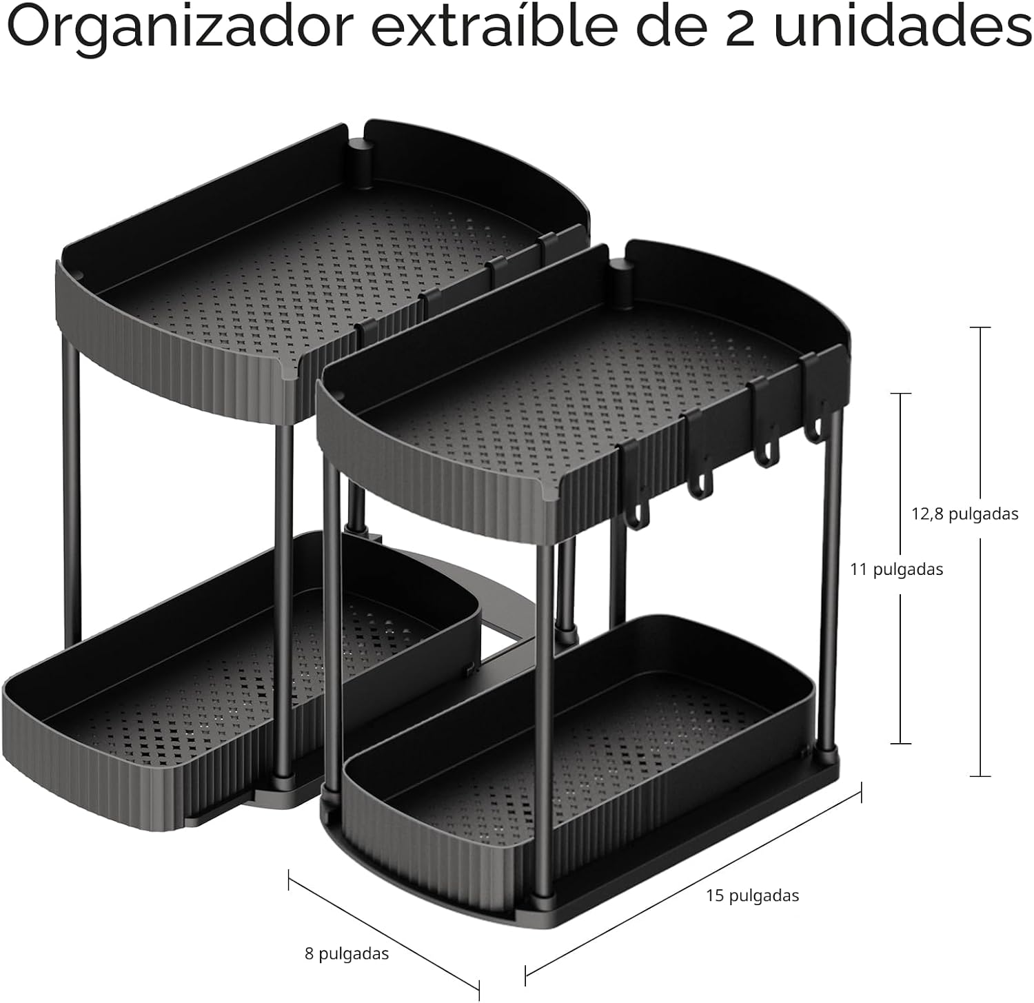 Ukeetap Organizadores de almacenamiento extraíbles multiusos, organizadores debajo del fregadero/gabinete y almacenamiento para baño y cocina, negro, 12.8 pulgadas, 2 paquetes | Organizadores de gabinetes multiusos y almacenamiento para baño y cocina
