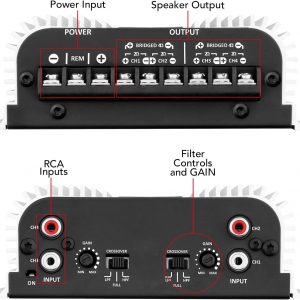 Taramps TS 400x4 400 watts RMS 4 Channels Full Range Car Audio Amplifier, 2 Bridged Channels, RCA Input Class D, Output Power, Multichannel Amplifier System, Small - TS400X4 | Bridgeable outputs, built-in HPF/LPF crossovers and RCA inputs provide flexible system design and precise sound tuning.