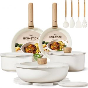 CAROTE 19pcs Pots and Pans Set Non Stick, Cookware Set Detachable Handle | Induction Compatible, Dishwasher & Oven Safe, Space Saving, Camping Cooking Set, Kitchen Set, White