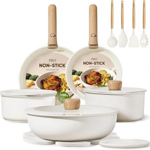 CAROTE 19pcs Pots and Pans Set Non Stick, Cookware Set Detachable Handle | Induction Compatible, Dishwasher & Oven Safe, Space Saving, Camping Cooking Set, Kitchen Set, White