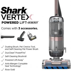 Shark AZ2002 Vertex Powered Lift-Away Upright Vacuum with DuoClean PowerFins, Self-Cleaning Brushroll, Large Dust Cup, Pet Crevice Tool, Dusting Brush & Power Brush, Silver/Rose Gold | DuoClean PowerFins, self-cleaning brushroll, large dust cup, crevice tool, dusting brush, power brush