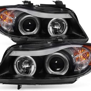ACANII - For [Halogen Model] 2006-2008 BMW E90 3-Series Sedan LED Halo Black Projector Headlights Headlamps Assembly