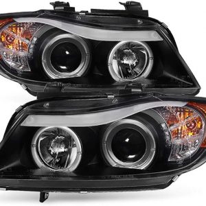 ACANII - For [Halogen Model] 2006-2008 BMW E90 3-Series Sedan LED Halo Black Projector Headlights Headlamps Assembly