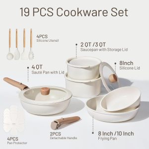 CAROTE 19pcs Pots and Pans Set Non Stick, Cookware Set Detachable Handle | Induction Compatible, Dishwasher & Oven Safe, Space Saving, Camping Cooking Set, Kitchen Set, White