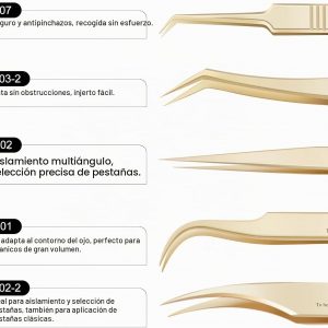 NAGARAKU Pinzas profesionales para extensión de pestañas, punta de precisión, herramienta de pestañas de acero inoxidable rectas y curvadas para uso individual y con volumen para uso en salones, juego | Gold Stainless Steel, Precision Tip Straight Curved 5 Pcs Tweezers For Lash Isolation & Volume Fans Making