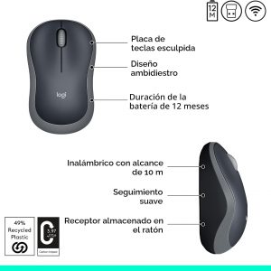 Logitech Ratón inalámbrico ambidiestro compacto M185 de 2,4 GHz - Gris Swift | Ambidextrous mouse with 2.4 GHz USB-A Nano Receiver, Optical Tracking, 12-Months Battery Life, PC, Mac, Laptop compatible
