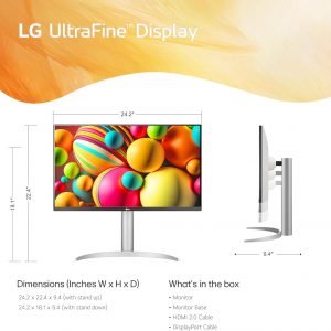 LG 27 inch Ultrafine 4K UHD (3840 x 2160) IPS Computer Monitor, VESA DisplayHDR™ 400, 5ms, Dynamic Action Sync, Reader Mode, Flicker Safe, HDMI, DisplayPort, Tilt/Height/Pivot Adjustable, White