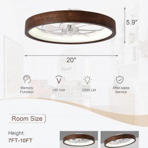 Ventilador de techo de 20 pulgadas con luz, ventilador de techo de madera de perfil bajo, aplicación y control remoto, regulable y 6 velocidades