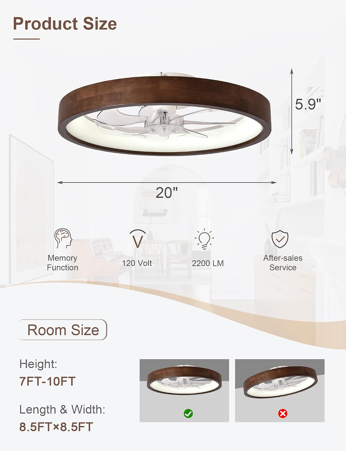 Ventilador de techo de 20 pulgadas con luz, ventilador de techo de madera de perfil bajo, aplicación y control remoto, regulable y 6 velocidades