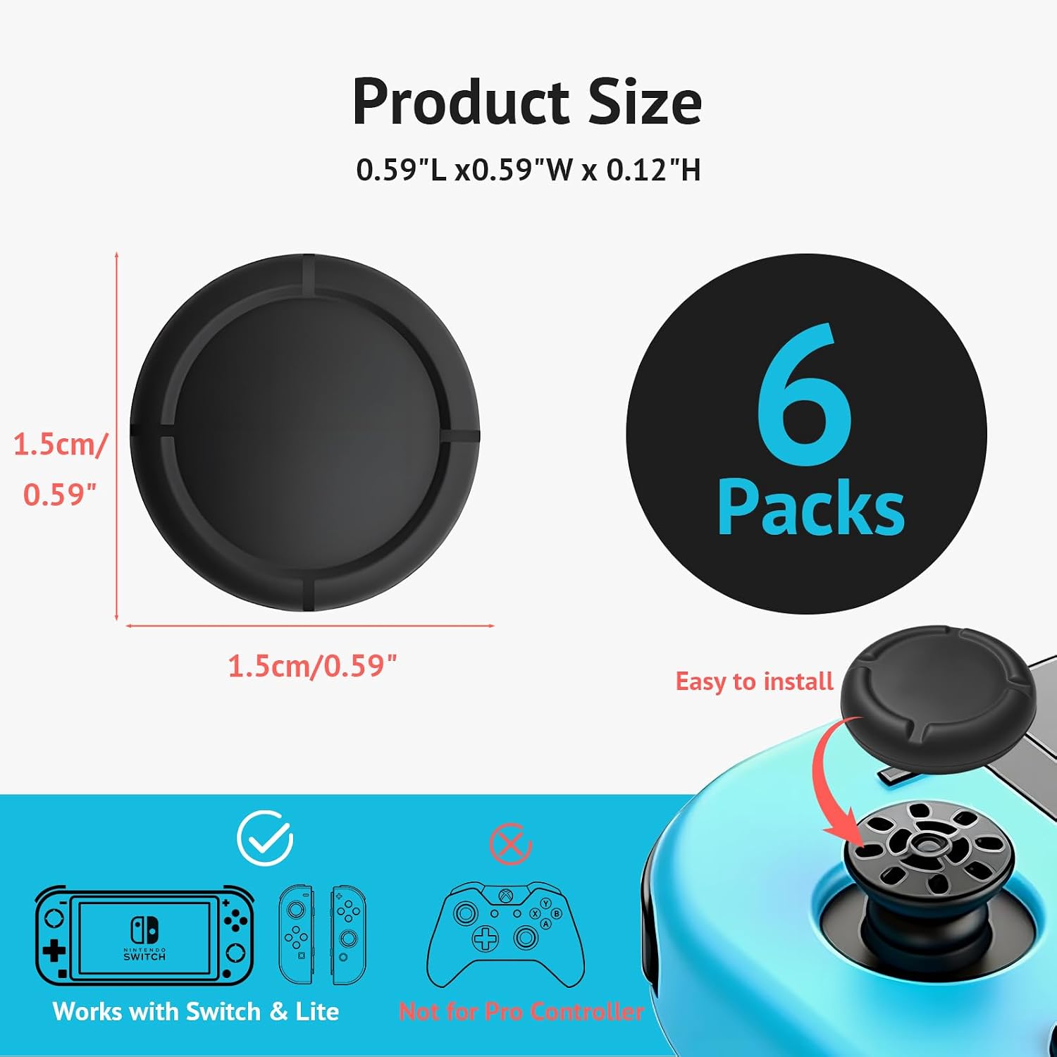 6Pcs Silicone Analog Stick Covers for Nintendo Switch, OLED, Joy-con Controller Thumb Grips, Joystick Replacement Caps