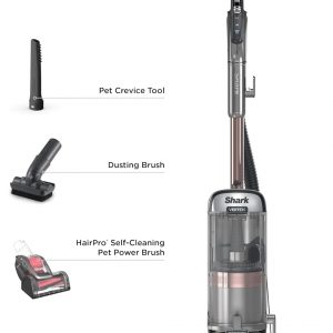 Shark AZ2002 Vertex Powered Lift-Away Upright Vacuum with DuoClean PowerFins, Self-Cleaning Brushroll, Large Dust Cup, Pet Crevice Tool, Dusting Brush & Power Brush, Silver/Rose Gold | DuoClean PowerFins, self-cleaning brushroll, large dust cup, crevice tool, dusting brush, power brush