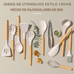 Juego de utensilios de cocina Umite de cocina, 24 piezas antiadherentes de silicona utensilios de cocina juego de espátula con soporte, mango de madera de silicona resistente al calor utensilios de cocina Set (Khaki)