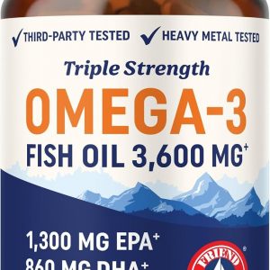 Aceite de pescado DHA Omega 3 de triple fuerza 3600 mg | Más de 2100 mg de ácidos grasos omega-3 con 860 mg de DHA | 1300 mg EPA | Los mejores ácidos grasos esenciales | Aceite de pescado capturado