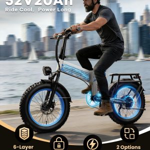 1500W Folding Electric Bike for Adult 52V20Ah Battery 20x4inch Ebike | Foldable Front & Rear Fork Suspension Ebike for Commuter&Mountain,Removable Battery E-bike,70mile Range Electric Bicycle