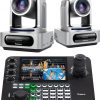 Tenveo Paquete de cámara y controlador PTZ - Cámara PTZ 4K NDI (2 piezas) 20X Zoom AI Tracking HDMI/USB3.0/LAN (PoE) y kit de controlador de joystick NDI de pantalla cuádruple de 7 pulgadas para