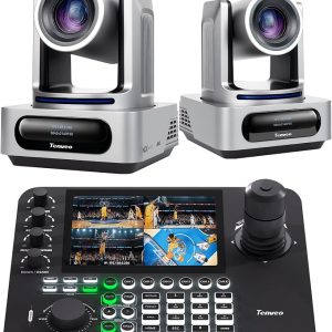 Tenveo Paquete de cámara y controlador PTZ - Cámara PTZ 4K NDI (2 piezas) 20X Zoom AI Tracking HDMI/USB3.0/LAN (PoE) y kit de controlador de joystick NDI de pantalla cuádruple de 7 pulgadas para