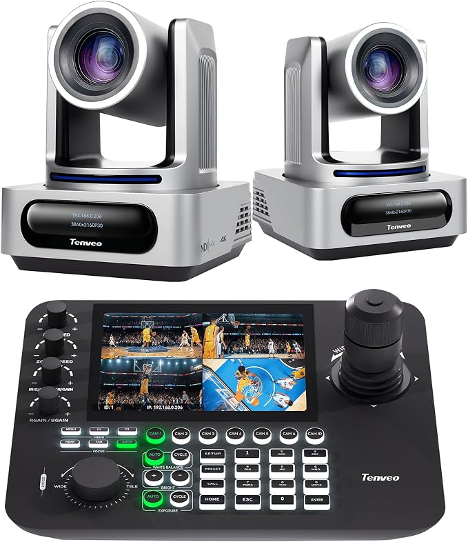 Tenveo Paquete de cámara y controlador PTZ - Cámara PTZ 4K NDI (2 piezas) 20X Zoom AI Tracking HDMI/USB3.0/LAN (PoE) y kit de controlador de joystick NDI de pantalla cuádruple de 7 pulgadas para