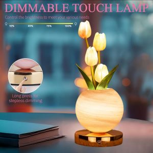 Tulip Table Lamp, Rechargeable Cordless Touch Dimming Artificial Tulip Flower Desk Lamp, LED Flower Bedside Night Light Romantic Gifts for Girl Women Mom (Pink)
