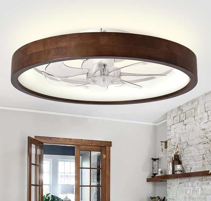 Ventilador de techo de 20 pulgadas con luz, ventilador de techo de madera de perfil bajo, aplicación y control remoto, regulable y 6 velocidades