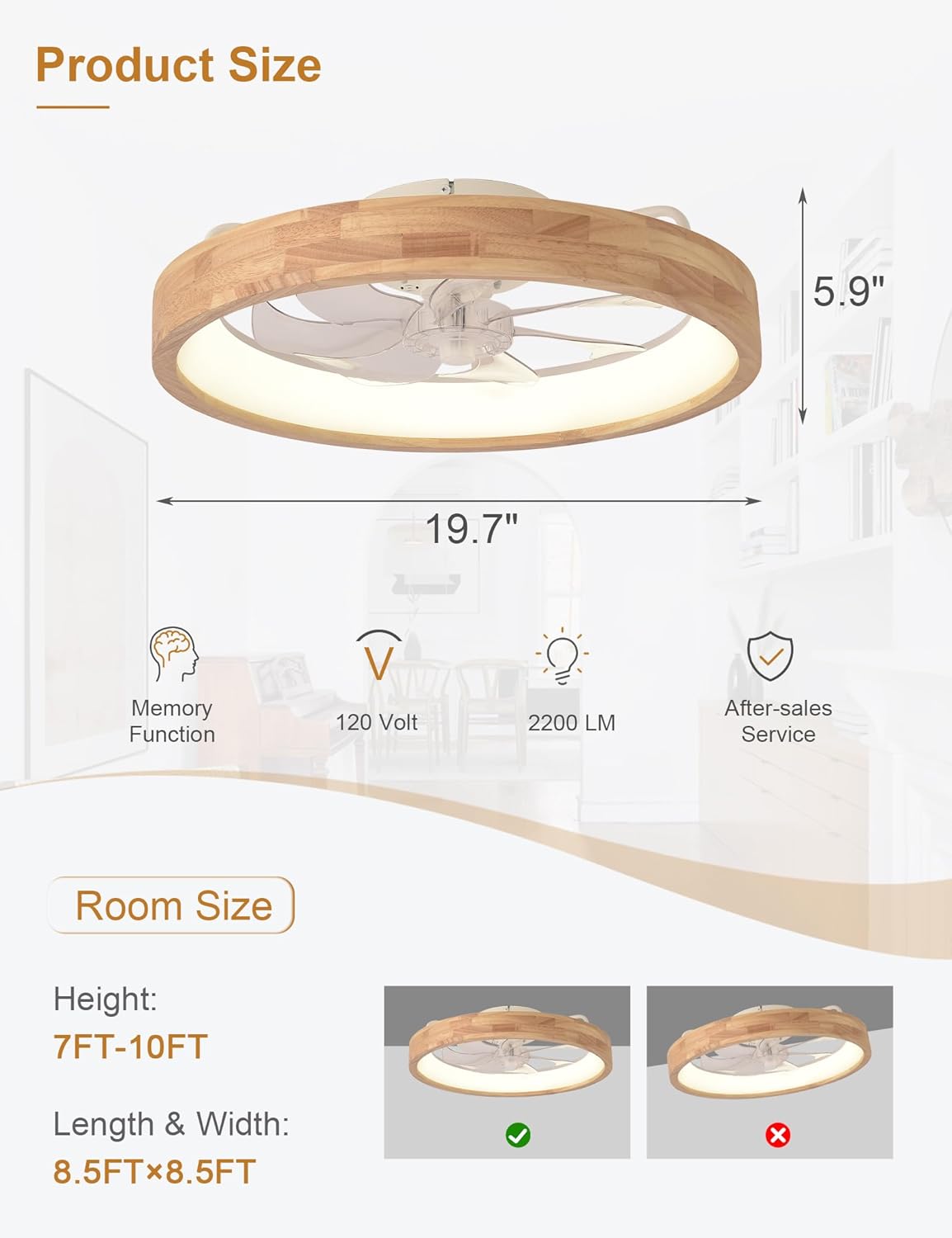 Ventilador de techo de madera de perfil bajo moderno de 20
