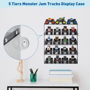 5-Tier Monster Truck Display Shelf, Toy Car Storage Holds 20 | Acrylic 5-tier shelf with tilted design fits 20 monster trucks. Assembly required. Trucks not included.