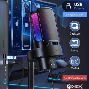 FIFINE A8 Plus USB Gaming Condenser Microphone with 4 Polar Patterns for PC | RGB Control, Quick Mute, Gain Knob, Headphone Jack, Cardioid Pickup, Pop Filter, for PS5 Podcast Streaming Recording YouTube