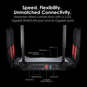 MSI Radix AXE6600 WiFi 6E Tri-Band Gaming Router, AI QoS, RGB, 1.8GHz Quad-Core Processor, MU-MIMO, Tri Band Gigabit Wireless, 8-Stream, High Speed Long Range Gaming Router