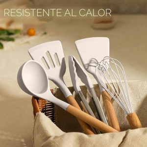Juego de utensilios de cocina Umite de cocina, 24 piezas antiadherentes de silicona utensilios de cocina juego de espátula con soporte, mango de madera de silicona resistente al calor utensilios de cocina Set (Khaki)