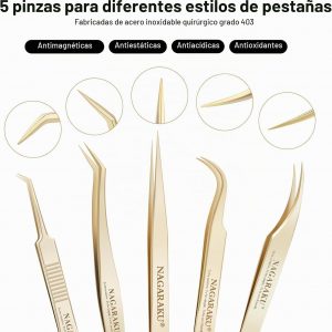 NAGARAKU Pinzas profesionales para extensión de pestañas, punta de precisión, herramienta de pestañas de acero inoxidable rectas y curvadas para uso individual y con volumen para uso en salones, juego | Gold Stainless Steel, Precision Tip Straight Curved 5 Pcs Tweezers For Lash Isolation & Volume Fans Making