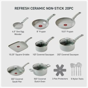 T-Fal Refresh - Juego de ollas y sartenes de cerámica, juego de utensilios de cocina antiadherentes, 20 piezas, olla, plancha, sartenes, utensilios, gris luna