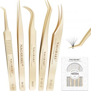 NAGARAKU Pinzas profesionales para extensión de pestañas, punta de precisión, herramienta de pestañas de acero inoxidable rectas y curvadas para uso individual y con volumen para uso en salones, juego | Gold Stainless Steel, Precision Tip Straight Curved 5 Pcs Tweezers For Lash Isolation & Volume Fans Making
