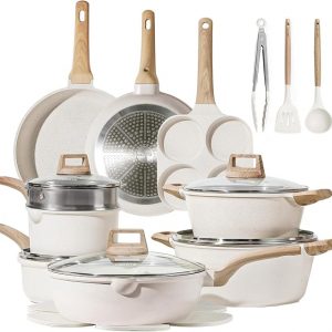 CAROTE Juego de 21 ollas y sartenes, juegos de utensilios de cocina antiadherentes, utensilios de cocina de inducción de granito blanco, juego de cocina antiadherente con sartenes y cacerolas (PFOS,