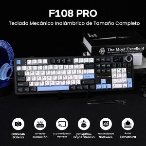 EPOMAKER X Aula F108 PRO - Teclado inalámbrico para juegos con pantalla, batería de 8000 mAh, 104 teclas y perilla intercambiables en caliente y programables, retroiluminación RGB, para Mac/PC/Android