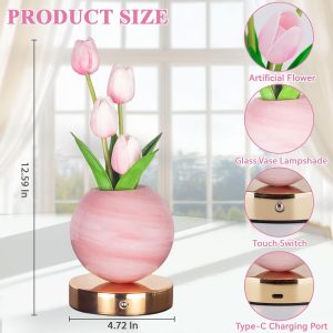 Tulip Table Lamp, Rechargeable Cordless Touch Dimming Artificial Tulip Flower Desk Lamp, LED Flower Bedside Night Light Romantic Gifts for Girl Women Mom (Pink)