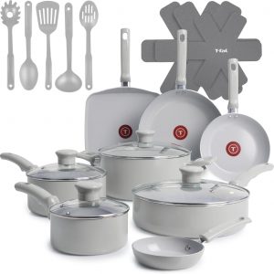 T-Fal Refresh - Juego de ollas y sartenes de cerámica, juego de utensilios de cocina antiadherentes, 20 piezas, olla, plancha, sartenes, utensilios, gris luna