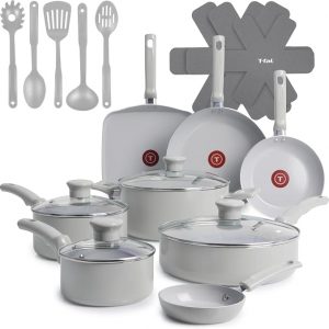 T-Fal Refresh - Juego de ollas y sartenes de cerámica, juego de utensilios de cocina antiadherentes, 20 piezas, olla, plancha, sartenes, utensilios, gris luna