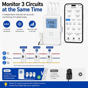 WiFi Home Energy Monitor with 3 80A CT Clamps, Circuit-Level Monitoring, Real-Time Electricity Usage Monitor, Smart Life/Tuya App, Voltage Current Power Tracking for Home, Solar, HVAC, Water Heater