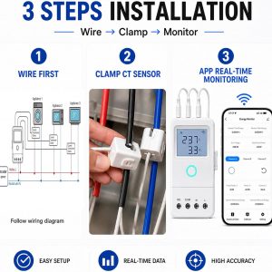 WiFi Home Energy Monitor with 3 80A CT Clamps, Circuit-Level Monitoring, Real-Time Electricity Usage Monitor, Smart Life/Tuya App, Voltage Current Power Tracking for Home, Solar, HVAC, Water Heater