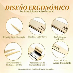 NAGARAKU Pinzas profesionales para extensión de pestañas, punta de precisión, herramienta de pestañas de acero inoxidable rectas y curvadas para uso individual y con volumen para uso en salones, juego | Gold Stainless Steel, Precision Tip Straight Curved 5 Pcs Tweezers For Lash Isolation & Volume Fans Making