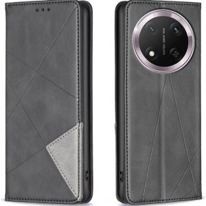 Flip Case for Honor Magic 7 Lite,Rhombus Pattern Premium Leather Wallet Kickstand Magnetic Closure Cover Black