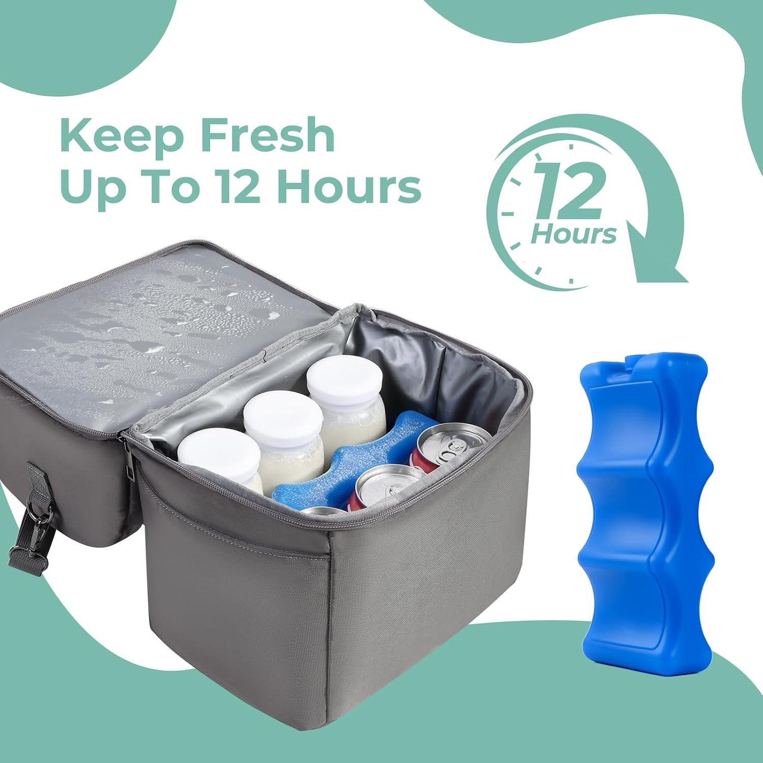Breast Pump Cooler Travel Bag with Ice Pack,【 Up to 12 Hours 】Insulated Bottle Storage Cooler Bag, Double Layer, Breastfeeding Essential for Nursing Mom Daycare Work Travel,Fits 6 Baby Bottles
