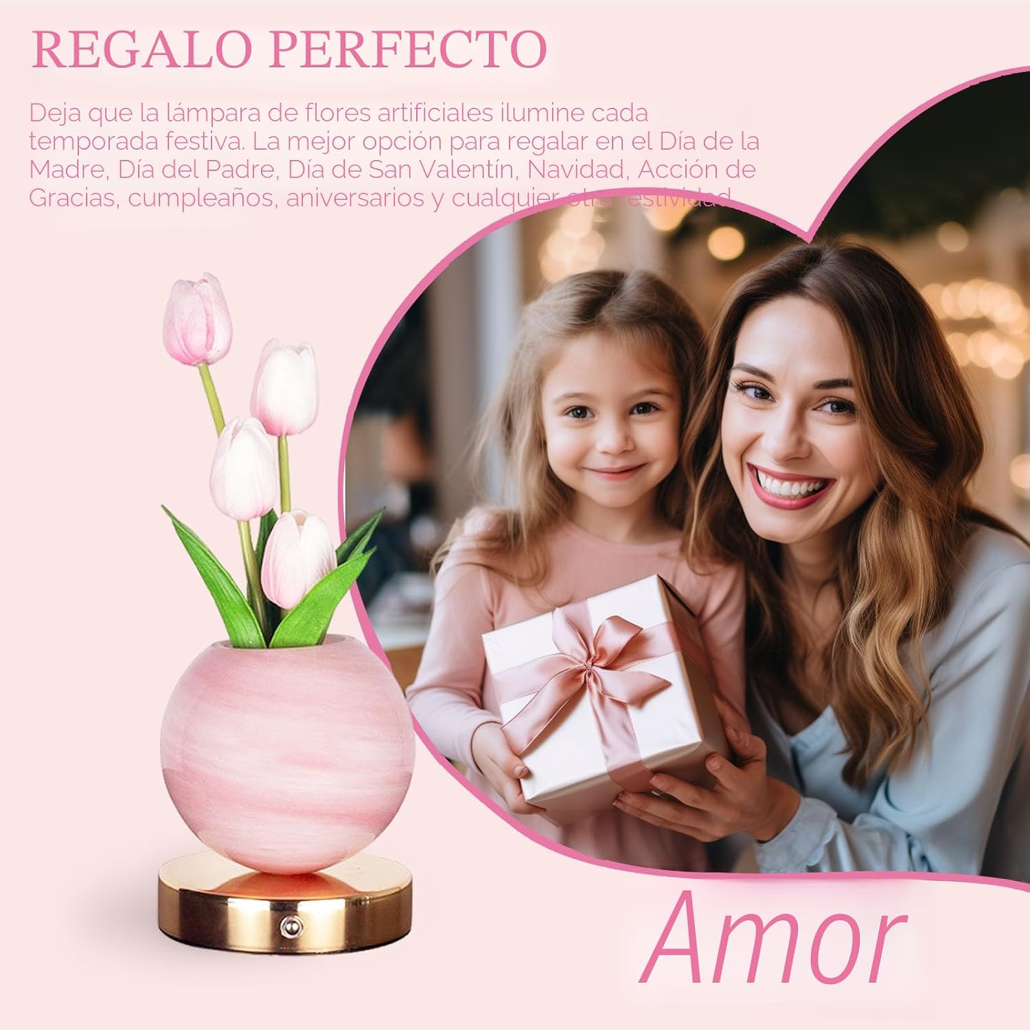 Tulip Table Lamp, Rechargeable Cordless Touch Dimming Artificial Tulip Flower Desk Lamp, LED Flower Bedside Night Light Romantic Gifts for Girl Women Mom (Pink)
