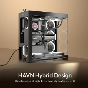 HAVN HS 420 Dual-Chamber Mid Tower PC Case ATX Black | Hybrid Design, 11x 140mm Fan Slots & 3X 420mm Radiator Support, SimpliCable Cable Management, Tempered Glass, PWM Fan Hub | Dual chamber computer case, 11x 140mm fans, 3x 420mm radiator, tempered glass, SimpliCable, PWM hub