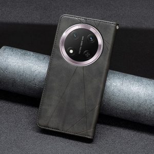 Flip Case for Honor Magic 7 Lite,Rhombus Pattern Premium Leather Wallet Kickstand Magnetic Closure Cover Black