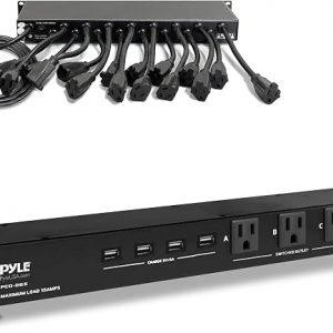 Pyle PCO865 - Unidad de distribución de energía para montaje en rack de 19 tomacorrientes de 1U - Protector de sobretensiones - Disyuntor de 15 amperios - 4 puertos USB - Cable de 15 pies - Fuente de