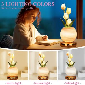 Tulip Table Lamp, Rechargeable Cordless Touch Dimming Artificial Tulip Flower Desk Lamp, LED Flower Bedside Night Light Romantic Gifts for Girl Women Mom (Pink)
