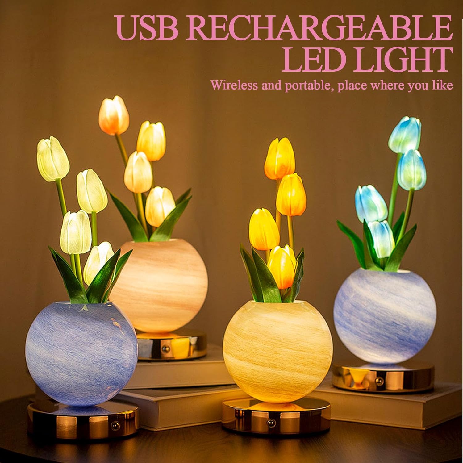 Tulip Table Lamp, Rechargeable Cordless Touch Dimming Artificial Tulip Flower Desk Lamp, LED Flower Bedside Night Light Romantic Gifts for Girl Women Mom (Pink)