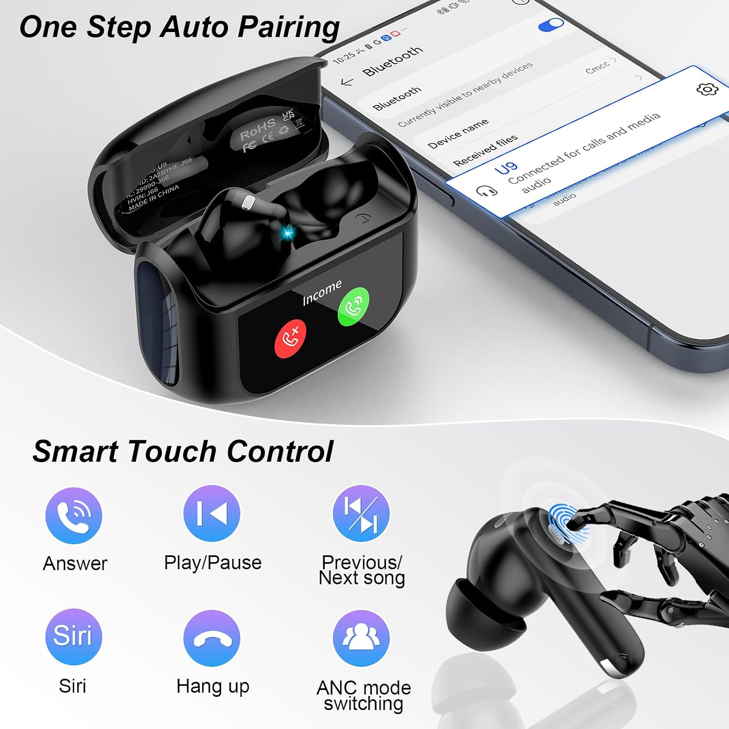 Wireless Earbuds, Bluetooth 5.4 Headphones Multi-Function Touch Screen